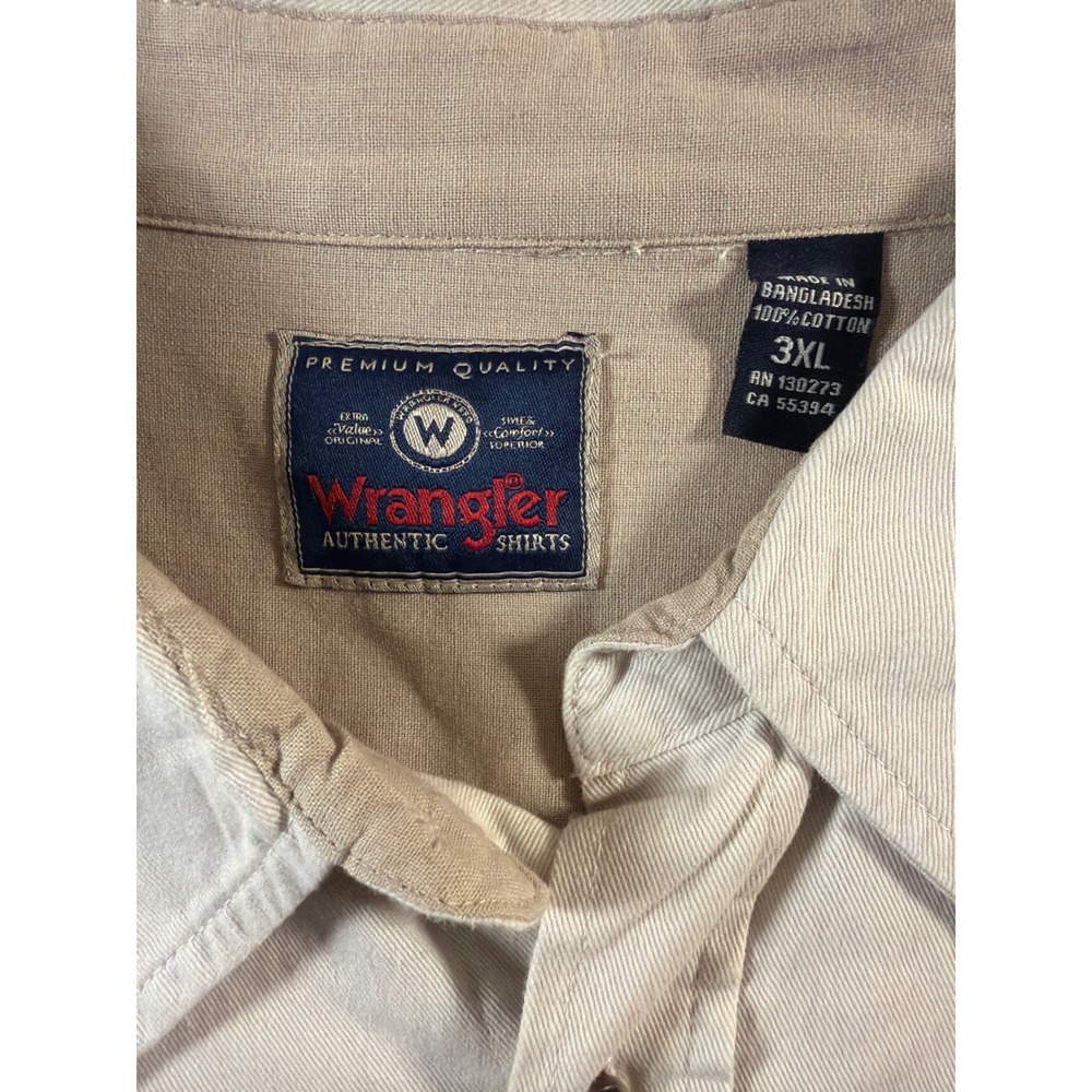 Wrangler Button Down Shirt Mens 3XL Tan 100% Cotton Long Sleeve Double Pocket - Picture 2 of 7